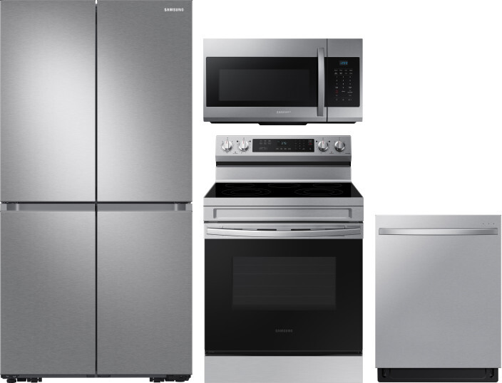 Samsung 4 Piece Kitchen Appliances Package with French Door Refrigerator, Electric Range, Dishwasher and Over the Range Microwave in Stainless Steel S