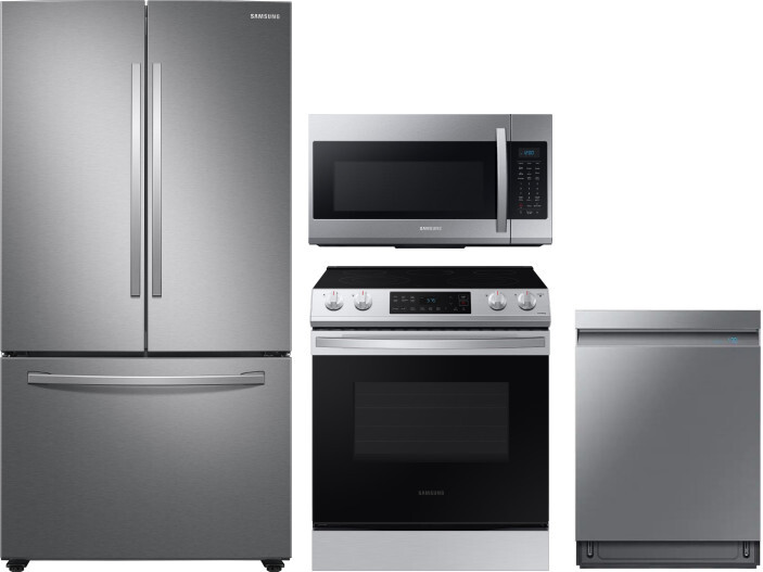 Samsung 4 Piece Kitchen Appliances Package with French Door Refrigerator, Electric Range, Dishwasher and Over the Range Microwave in Stainless Steel S