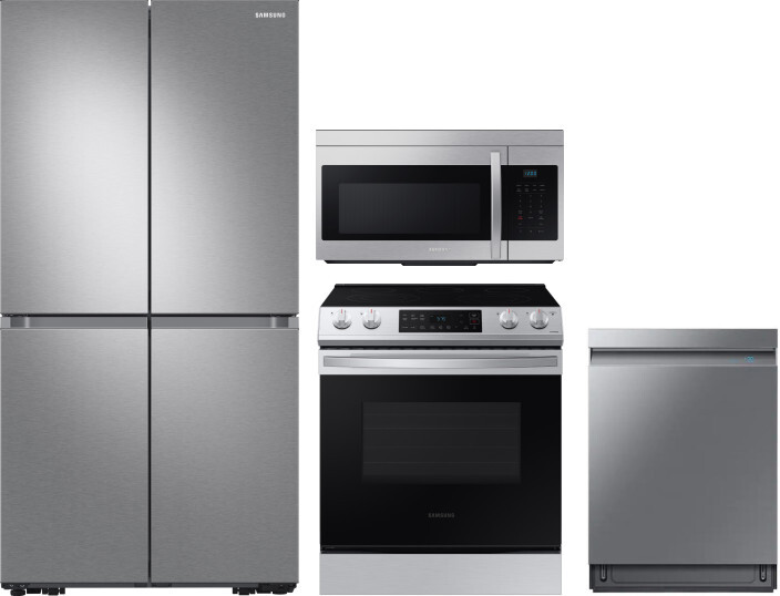 Samsung 4 Piece Kitchen Appliances Package with French Door Refrigerator, Electric Range, Dishwasher and Over the Range Microwave in Stainless Steel S
