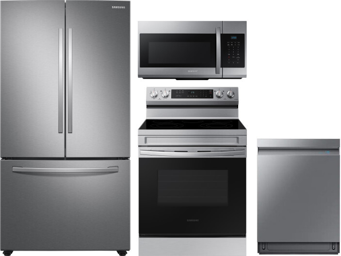 Samsung 4 Piece Kitchen Appliances Package with French Door Refrigerator, Electric Range, Dishwasher and Over the Range Microwave in Stainless Steel S