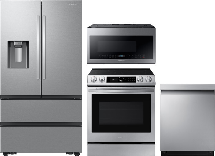 Samsung 4 Piece Kitchen Appliances Package with French Door Refrigerator, Electric Range, Dishwasher and Over the Range Microwave in Stainless Steel S