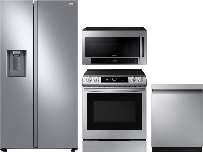 Samsung 4 Piece Kitchen Appliances Package with Side-by-Side Refrigerator, Electric Range, Dishwasher and Over the Range Microwave in Stainless Steel 