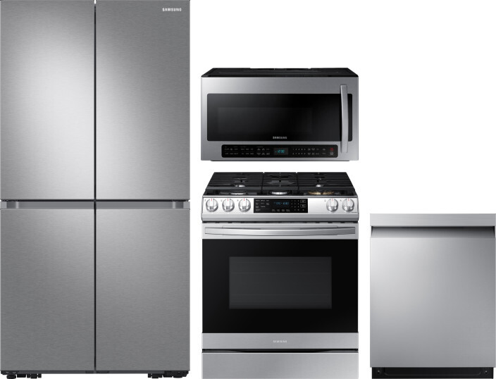 Samsung 4 Piece Kitchen Appliances Package with French Door Refrigerator, Gas Range, Dishwasher and Over the Range Microwave in Stainless Steel SARERA