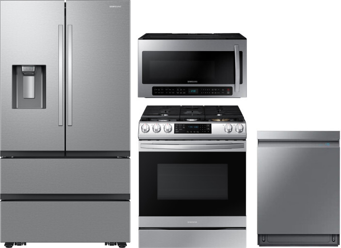 Samsung 4 Piece Kitchen Appliances Package with French Door Refrigerator, Gas Range, Dishwasher and Over the Range Microwave in Stainless Steel SARERA