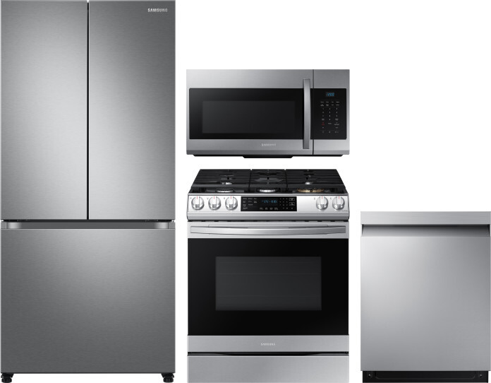 Samsung 4 Piece Kitchen Appliances Package with French Door Refrigerator, Gas Range, Dishwasher and Over the Range Microwave in Stainless Steel SARERA