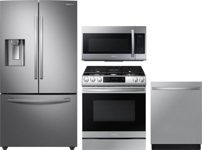 Samsung 4 Piece Kitchen Appliances Package with French Door Refrigerator, Gas Range, Dishwasher and Over the Range Microwave in Stainless Steel SARERA