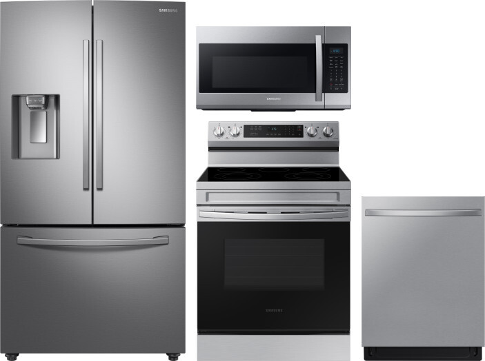 Samsung 4 Piece Kitchen Appliances Package with French Door Refrigerator, Electric Range, Dishwasher and Over the Range Microwave in Stainless Steel S