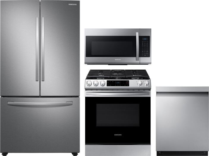 Samsung 4 Piece Kitchen Appliances Package with French Door Refrigerator, Gas Range, Dishwasher and Over the Range Microwave in Stainless Steel SARERA