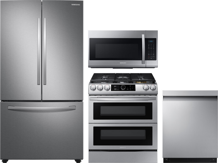 Samsung 4 Piece Kitchen Appliances Package with French Door Refrigerator, Gas Range, Dishwasher and Over the Range Microwave in Stainless Steel SARERA