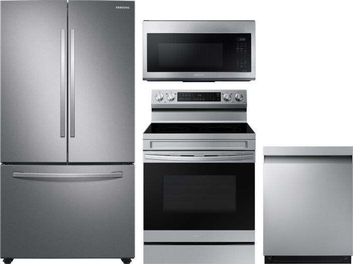 Samsung 4 Piece Kitchen Appliances Package with French Door Refrigerator, Electric Range, Dishwasher and Over the Range Microwave in Stainless Steel S