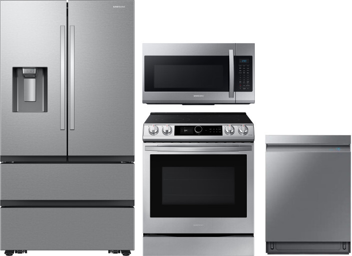 Samsung 4 Piece Kitchen Appliances Package with French Door Refrigerator, Electric Range, Dishwasher and Over the Range Microwave in Stainless Steel S