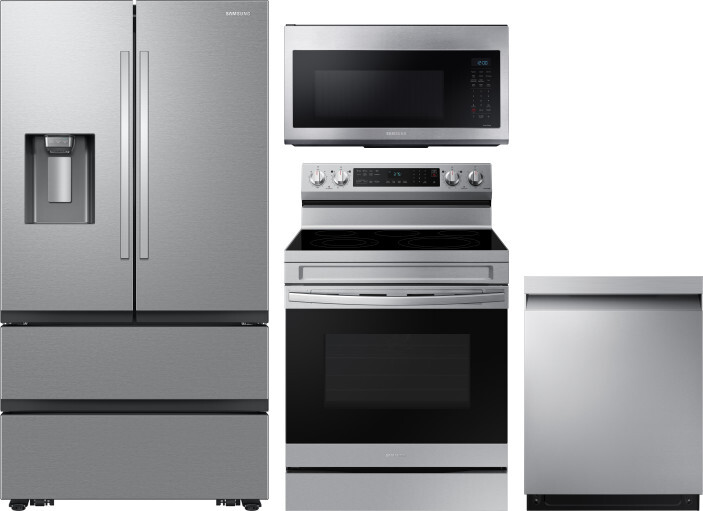 Samsung 4 Piece Kitchen Appliances Package with French Door Refrigerator, Electric Range, Dishwasher and Over the Range Microwave in Stainless Steel S