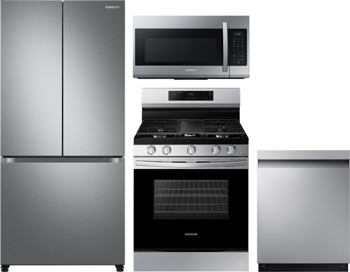 Samsung 4 Piece Kitchen Appliances Package with French Door Refrigerator, Gas Range, Dishwasher and Over the Range Microwave in Stainless Steel SARERA