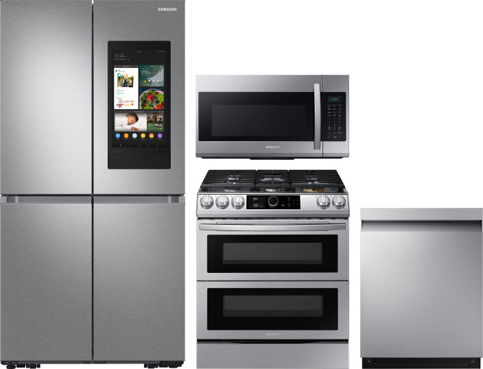 Samsung 4 Piece Kitchen Appliances Package with French Door Refrigerator, Gas Range, Dishwasher and Over the Range Microwave in Stainless Steel SARERA