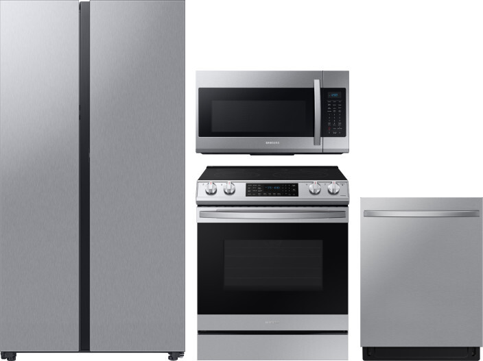Samsung 4 Piece Kitchen Appliances Package with Side-by-Side Refrigerator, Electric Range, Dishwasher and Over the Range Microwave in Stainless Steel 