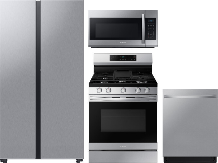 Samsung 4 Piece Kitchen Appliances Package with Side-by-Side Refrigerator, Gas Range, Dishwasher and Over the Range Microwave in Stainless Steel SARER