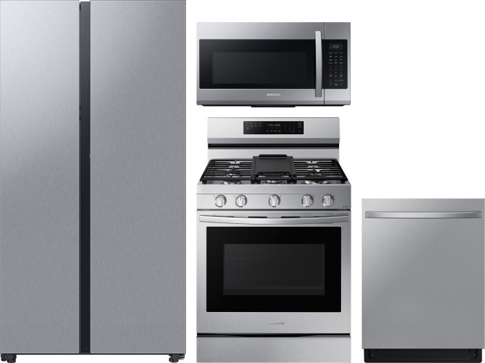 Samsung 4 Piece Kitchen Appliances Package with Side-by-Side Refrigerator, Gas Range, Dishwasher and Over the Range Microwave in Stainless Steel SARER