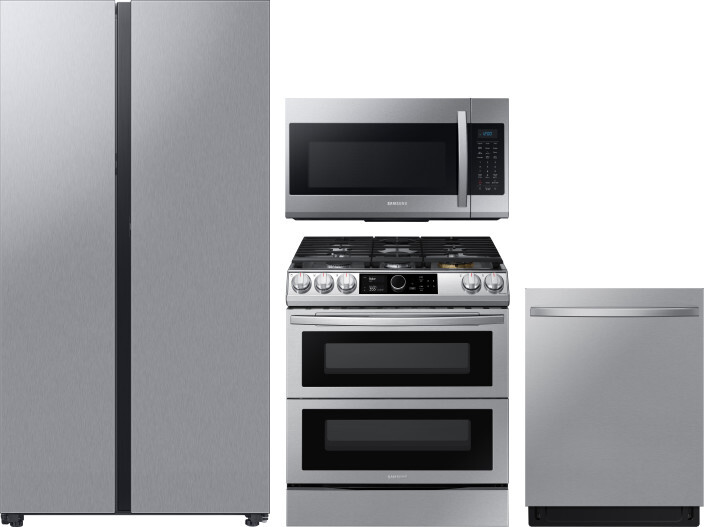 Samsung 4 Piece Kitchen Appliances Package with Side-by-Side Refrigerator, Gas Range, Dishwasher and Over the Range Microwave in Stainless Steel SARER