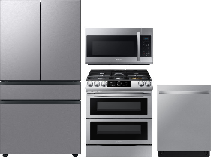 Samsung 4 Piece Kitchen Appliances Package with French Door Refrigerator, Gas Range, Dishwasher and Over the Range Microwave in Stainless Steel SARERA