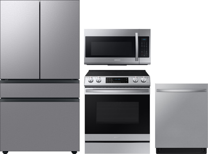 Samsung 4 Piece Kitchen Appliances Package with French Door Refrigerator, Electric Range, Dishwasher and Over the Range Microwave in Stainless Steel S