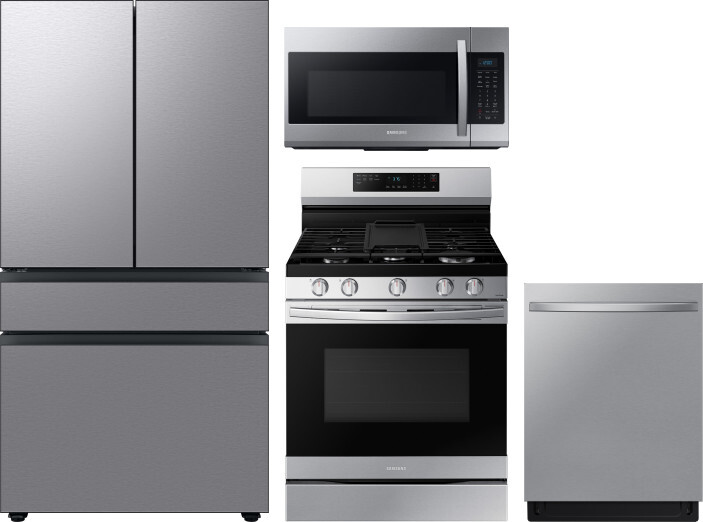 Samsung 4 Piece Kitchen Appliances Package with French Door Refrigerator, Gas Range, Dishwasher and Over the Range Microwave in Stainless Steel SARERA