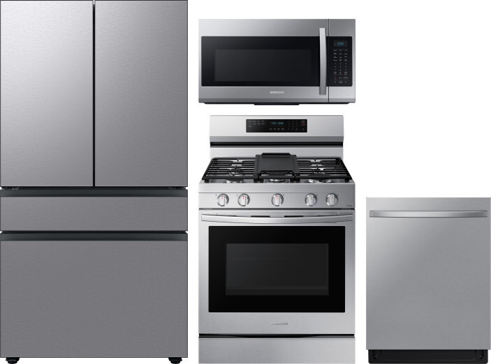 Samsung 4 Piece Kitchen Appliances Package with French Door Refrigerator, Gas Range, Dishwasher and Over the Range Microwave in Stainless Steel SARERA