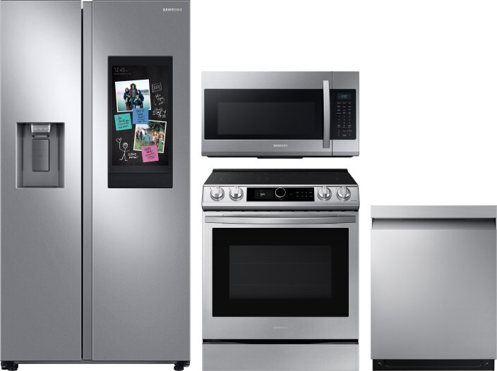 Samsung 4 Piece Kitchen Appliances Package with Side-by-Side Refrigerator, Electric Range, Dishwasher and Over the Range Microwave in Stainless Steel 