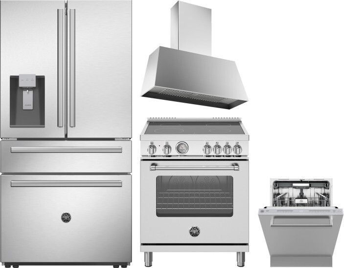 Bertazzoni 4 Piece Kitchen Appliances Package with French Door Refrigerator, Electric Range and Dishwasher in Stainless Steel BERERADWRH1058