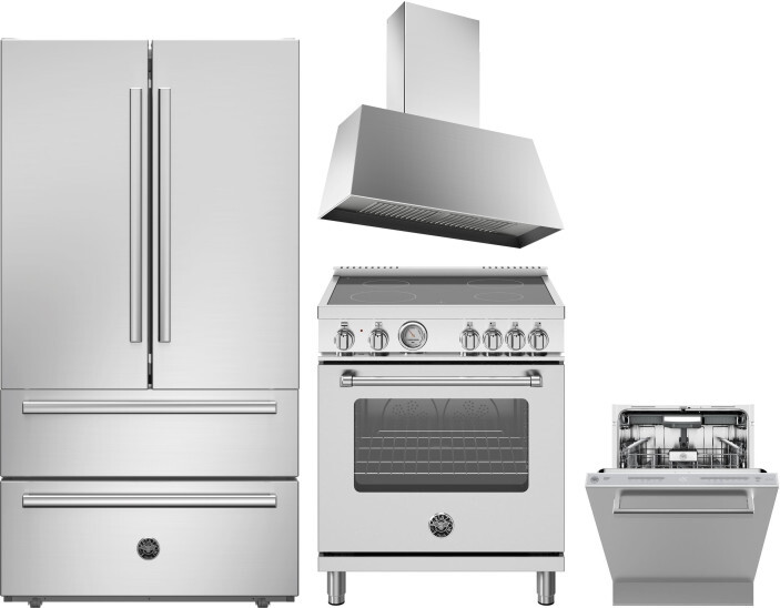 Bertazzoni 4 Piece Kitchen Appliances Package with French Door Refrigerator, Electric Range and Dishwasher in Stainless Steel BERERADWRH1059