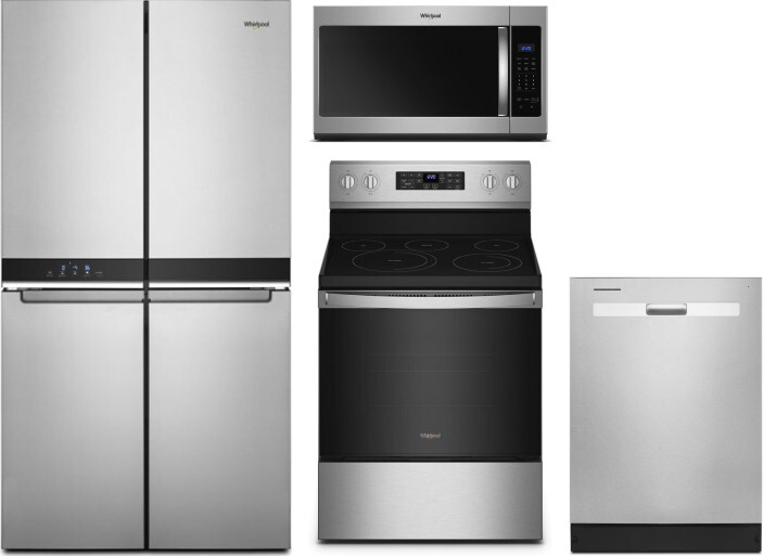 Whirlpool 4 Piece Kitchen Appliances Package with French Door Refrigerator, Electric Range, Dishwasher and Over the Range Microwave in Stainless Steel