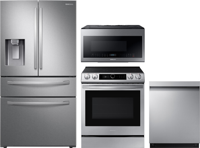 Samsung 4 Piece Kitchen Appliances Package with French Door Refrigerator, Electric Range, Dishwasher and Over the Range Microwave in Stainless Steel S