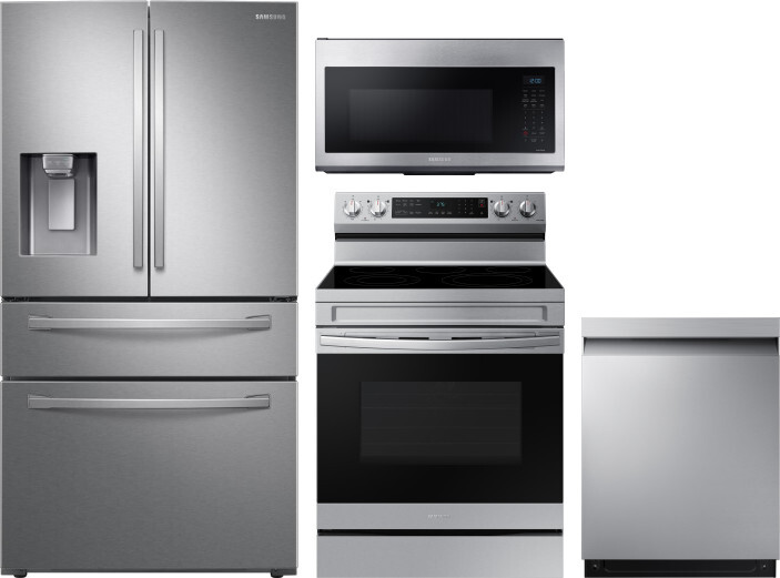 Samsung 4 Piece Kitchen Appliances Package with French Door Refrigerator, Electric Range, Dishwasher and Over the Range Microwave in Stainless Steel S
