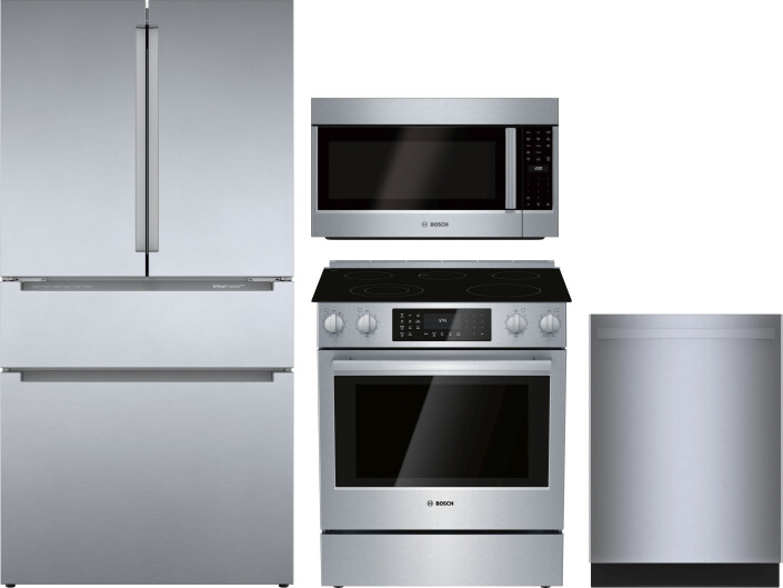 Bosch 800 4 Piece Kitchen Appliances Package with French Door Refrigerator, Electric Range, Dishwasher and Over the Range Microwave in Stainless Steel