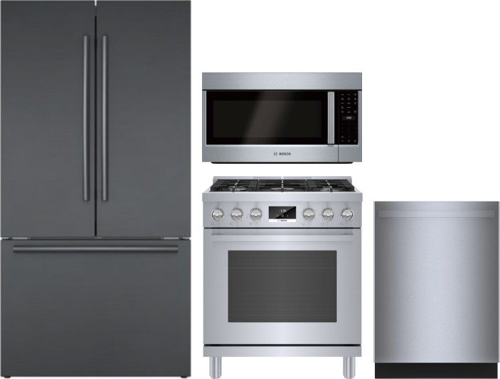 Bosch 800 4 Piece Kitchen Appliances Package with French Door Refrigerator, Gas Range, Dishwasher and Over the Range Microwave in Black Stainless Stee