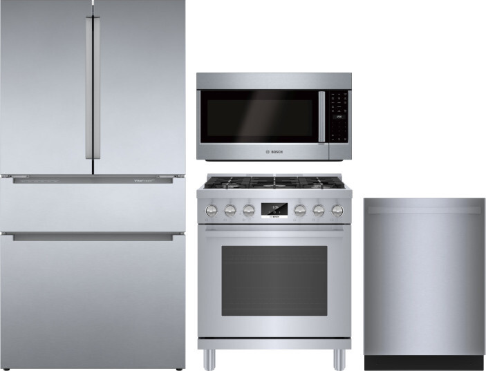 Bosch 800 4 Piece Kitchen Appliances Package with French Door Refrigerator, Gas Range, Dishwasher and Over the Range Microwave in Stainless Steel BORE