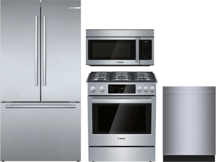 Bosch 800 4 Piece Kitchen Appliances Package with French Door Refrigerator, Gas Range, Dishwasher and Over the Range Microwave in Stainless Steel BORE