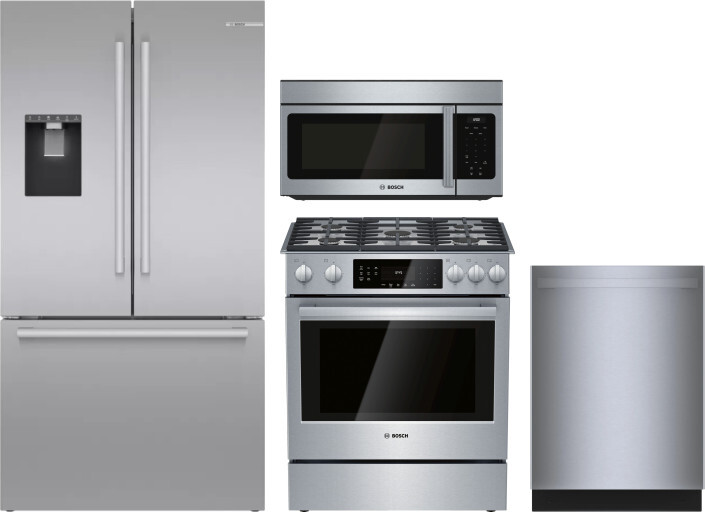 Bosch 800 4 Piece Kitchen Appliances Package with French Door Refrigerator, Gas Range, Dishwasher and Over the Range Microwave in Stainless Steel BORE