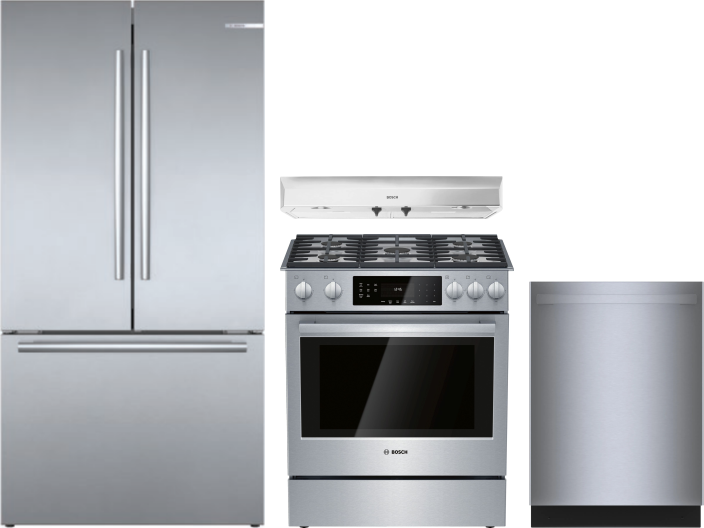 Bosch 800 4 Piece Kitchen Appliances Package with French Door Refrigerator, Gas Range and Dishwasher in Stainless Steel BORERADWRH659