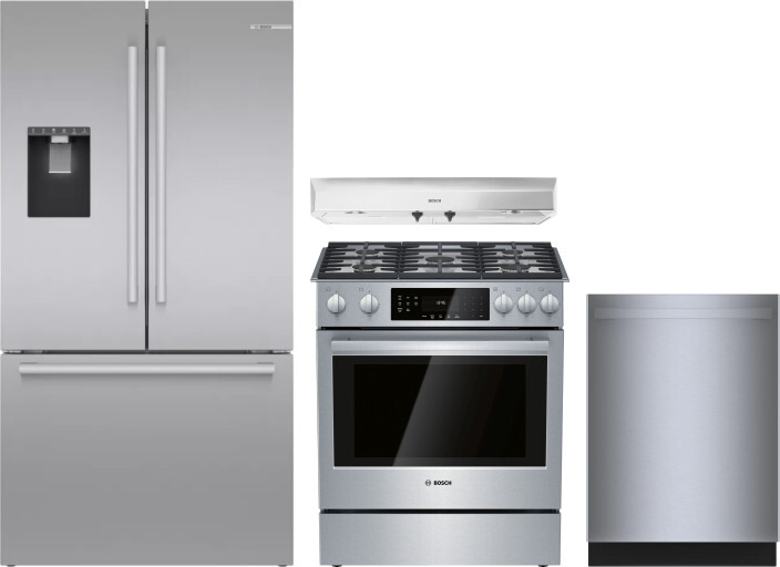 Bosch 500 4 Piece Kitchen Appliances Package with French Door Refrigerator, Gas Range and Dishwasher in Stainless Steel BORERADWRH660