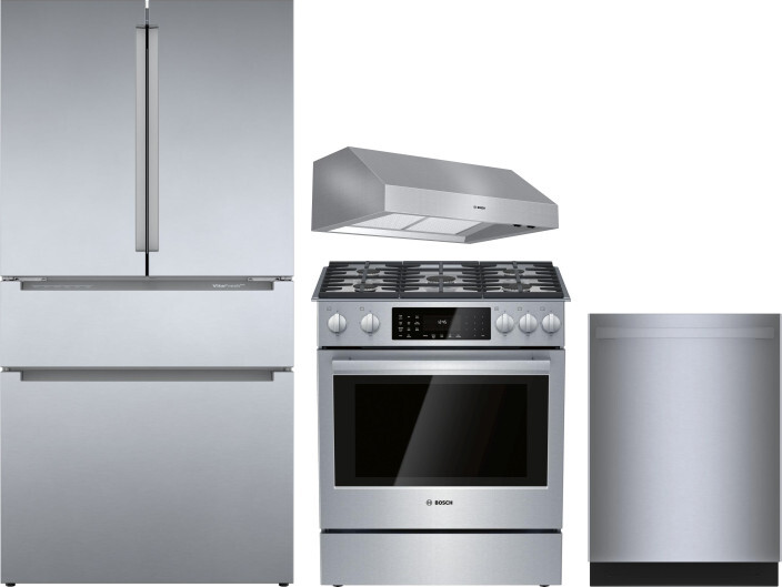 Bosch 800 4 Piece Kitchen Appliances Package with French Door Refrigerator, Dual Fuel Range and Dishwasher in Stainless Steel BORERARHDW93