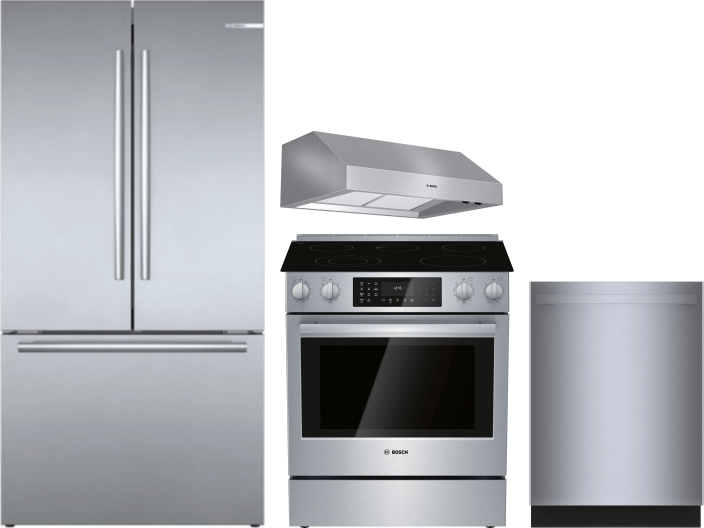Bosch 800 4 Piece Kitchen Appliances Package with French Door Refrigerator, Electric Range and Dishwasher in Stainless Steel BORERARHDW94