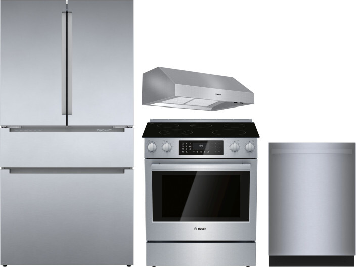 Bosch 800 4 Piece Kitchen Appliances Package with French Door Refrigerator, Electric Range and Dishwasher in Stainless Steel BORERARHDW95