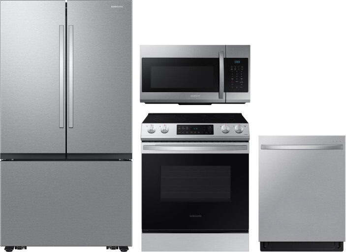 Samsung 4 Piece Kitchen Appliances Package with French Door Refrigerator, Electric Range, Dishwasher and Over the Range Microwave in Stainless Steel S