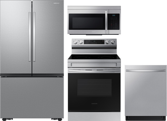 Samsung 4 Piece Kitchen Appliances Package with French Door Refrigerator, Electric Range, Dishwasher and Over the Range Microwave in Stainless Steel S