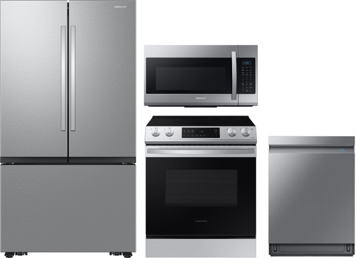 Samsung 4 Piece Kitchen Appliances Package with French Door Refrigerator, Electric Range, Dishwasher and Over the Range Microwave in Stainless Steel S