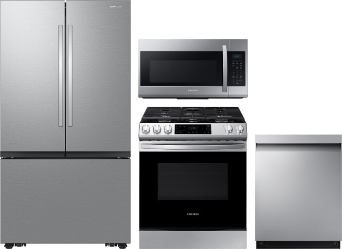 Samsung 4 Piece Kitchen Appliances Package with French Door Refrigerator, Gas Range, Dishwasher and Over the Range Microwave in Stainless Steel SARERA