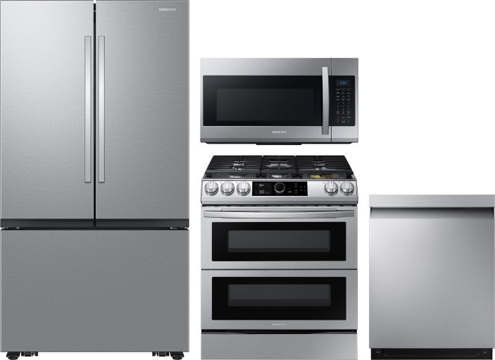 Samsung 4 Piece Kitchen Appliances Package with French Door Refrigerator, Gas Range, Dishwasher and Over the Range Microwave in Stainless Steel SARERA