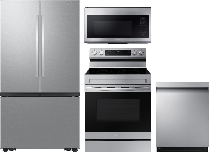 Samsung 4 Piece Kitchen Appliances Package with French Door Refrigerator, Electric Range, Dishwasher and Over the Range Microwave in Stainless Steel S
