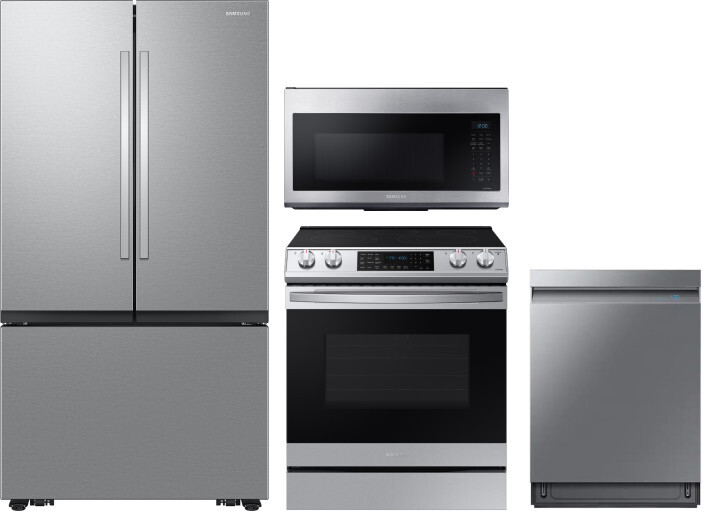 Samsung 4 Piece Kitchen Appliances Package with French Door Refrigerator, Electric Range, Dishwasher and Over the Range Microwave in Stainless Steel S