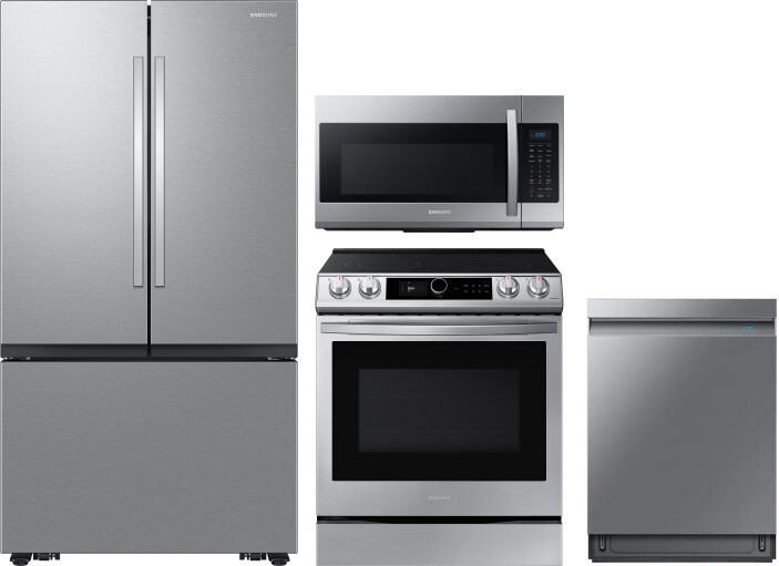 Samsung 4 Piece Kitchen Appliances Package with French Door Refrigerator, Electric Range, Dishwasher and Over the Range Microwave in Stainless Steel S